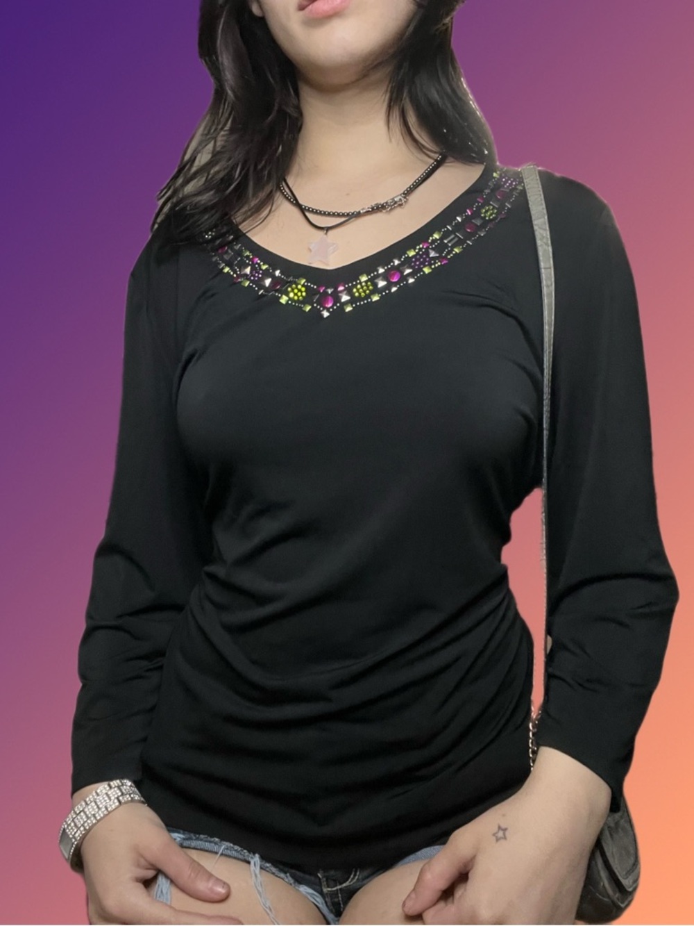 TanJay Y2K Black Rhinestone Top - Glam Going Out Blouse Size L